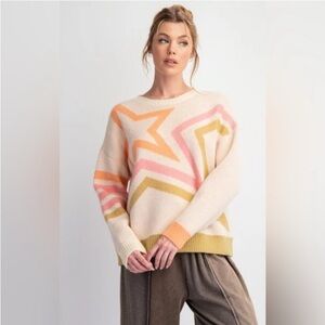 Easel Cream and Pink Geometric Sweater